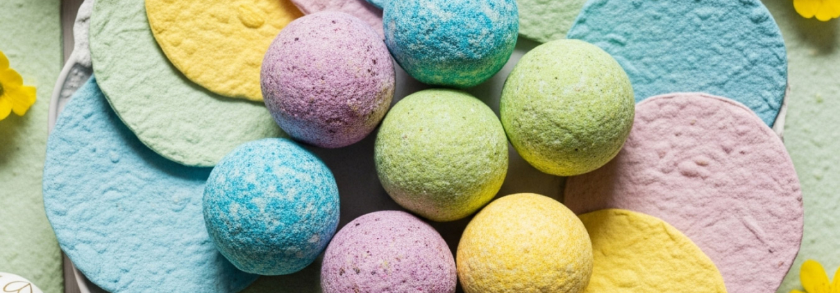 Gadget pasquali ecosostenibili B2B. Composizione di Seedbomb e Seedpaper personalizzati per auguri di Pasqua aziendali.