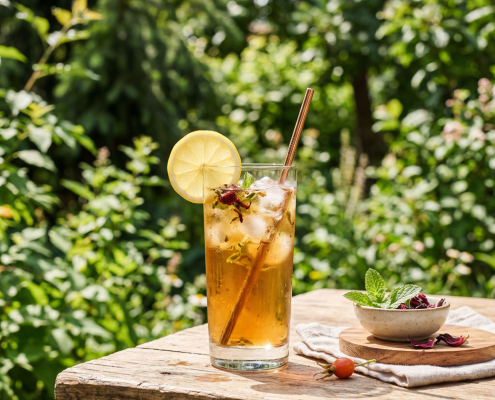 Bicchiere di tisana fredda bio personalizzata con ghiaccio, limone e menta in giardino.