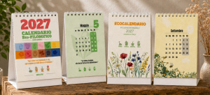 Set di calendari mensili verticali in carta semi personalizzabili 2027 con illustrazioni botaniche.