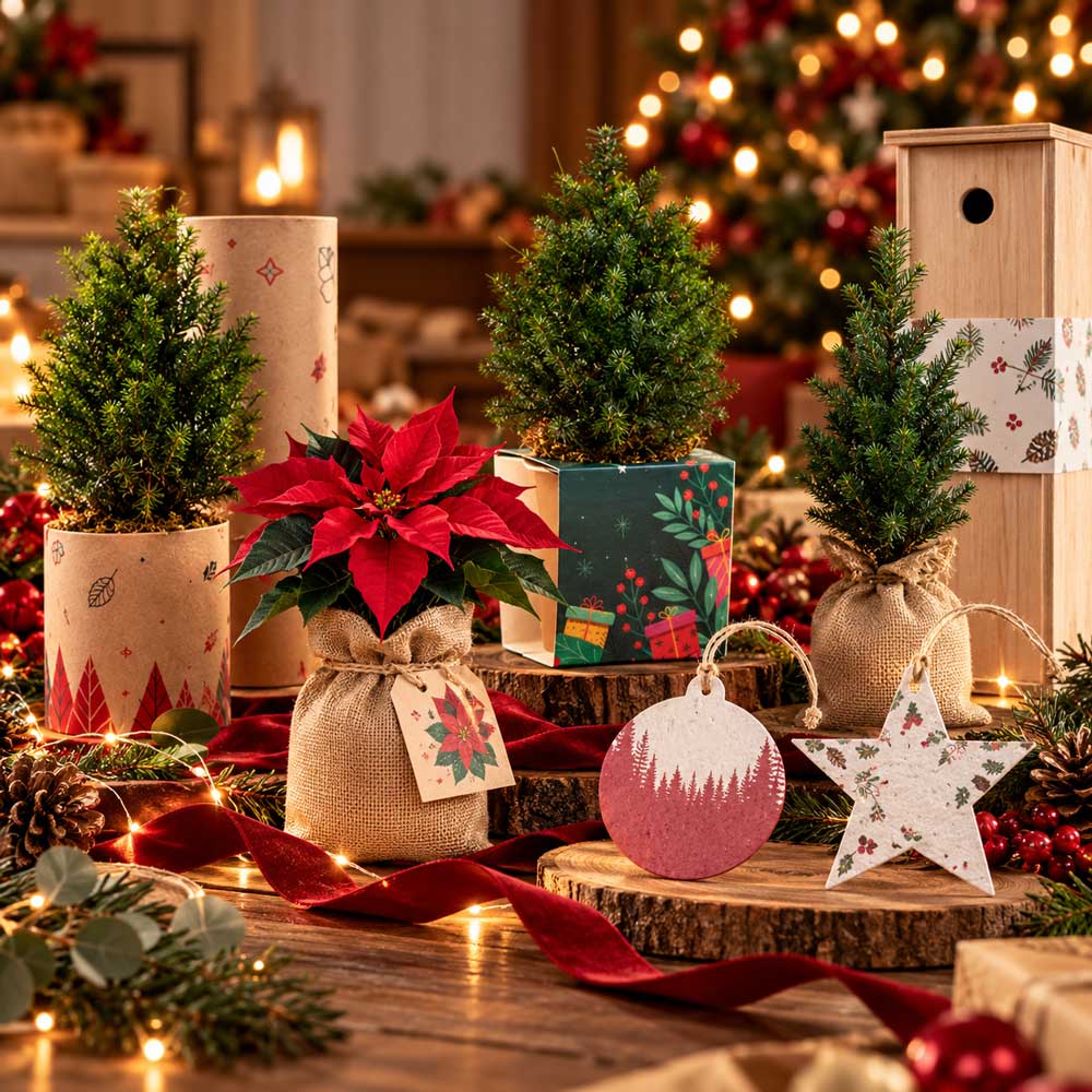 Collezione Bridepalla – Regali aziendali natalizi green Collezione di regali natalizi Bridepalla con mini alberi, Stella di Natale e decorazioni piantabili
