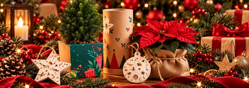 Bridepalla – Collezione natalizia personalizzabile Composizione natalizia con mini albero in confezione decorata, Poinsettia e addobbi a stella e pallina